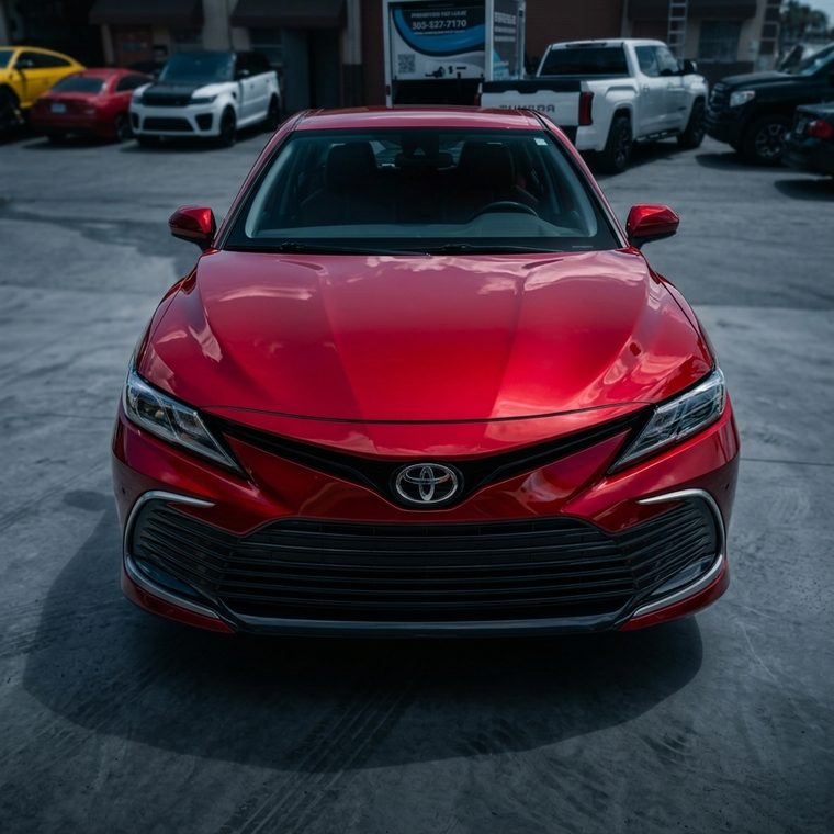 El mismo Toyota Camry rojo reparado y pintado